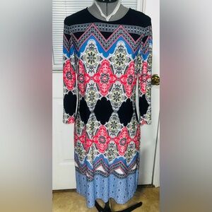 Donna Morgan Long Sleeve Geometric Floral Midi Dress in Black, pink, & Blue